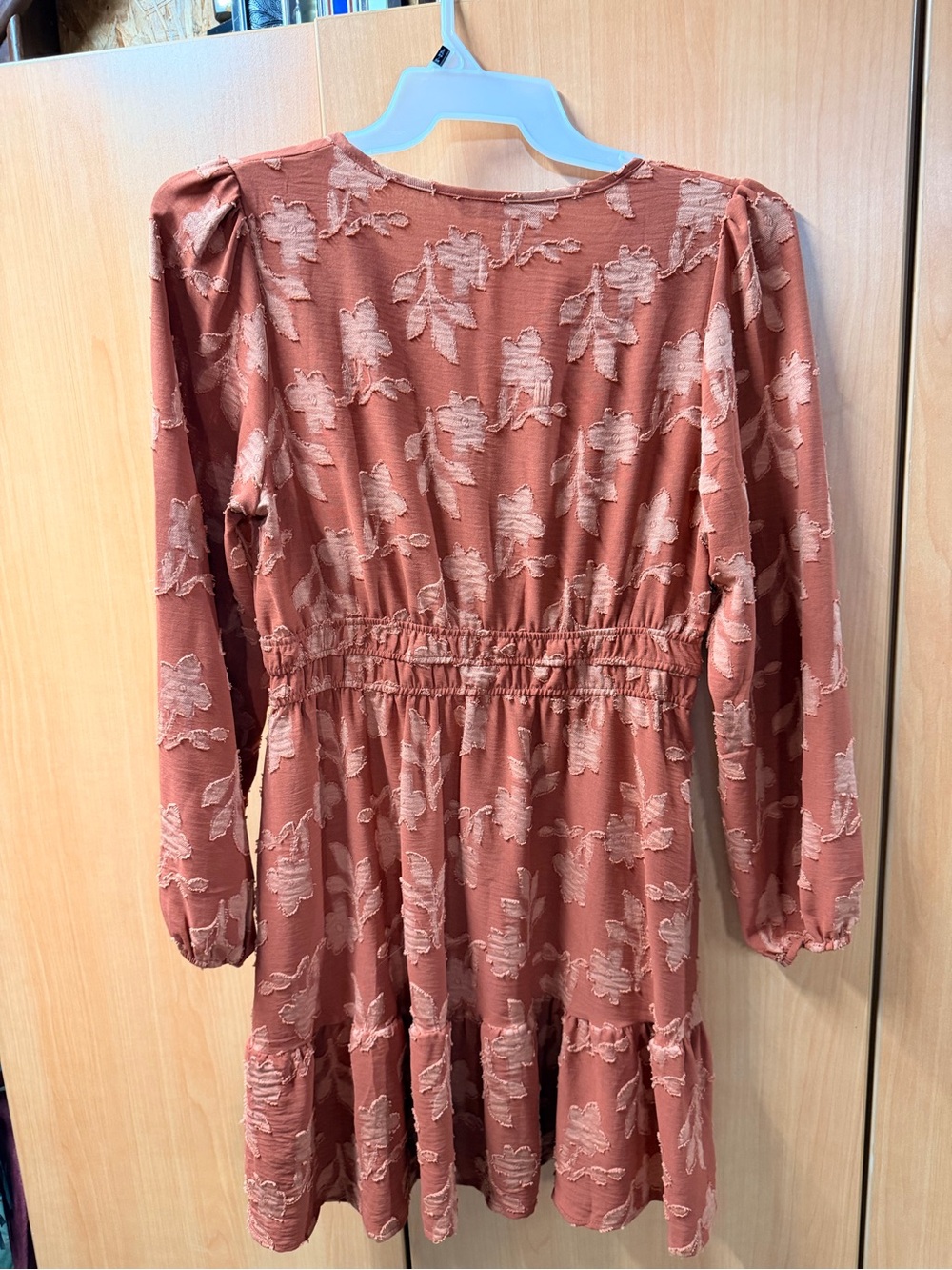 Simplee Apparel Rust Textured Floral Long Sleeve Dress